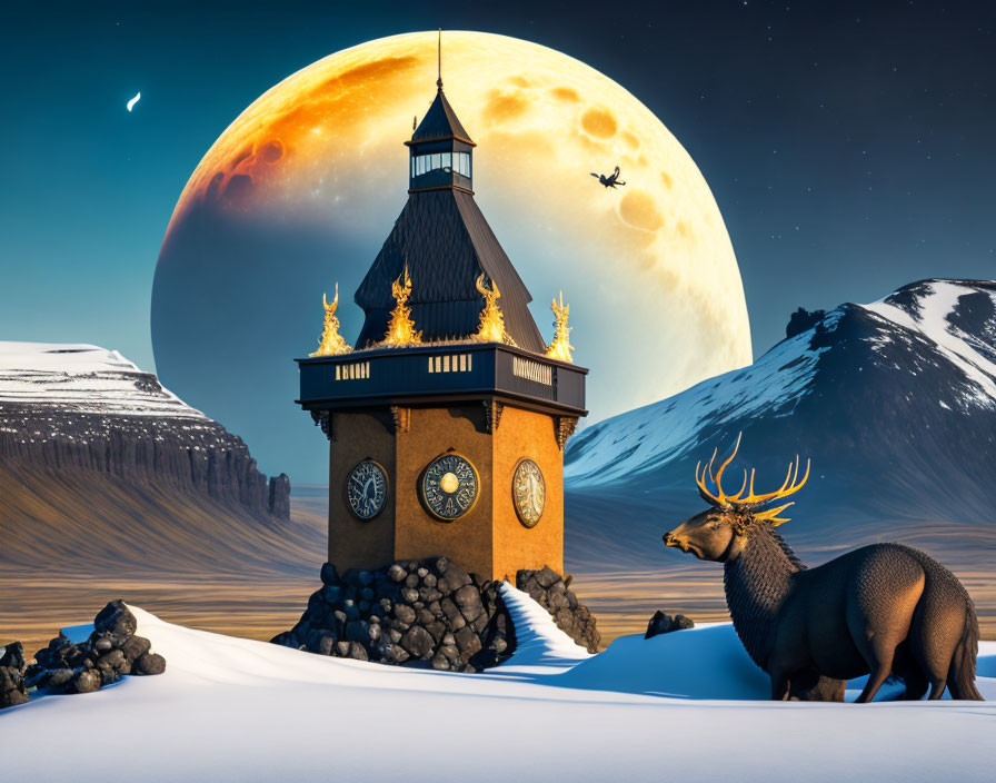 Elk in front of clock tower with snowy mountains and moon.