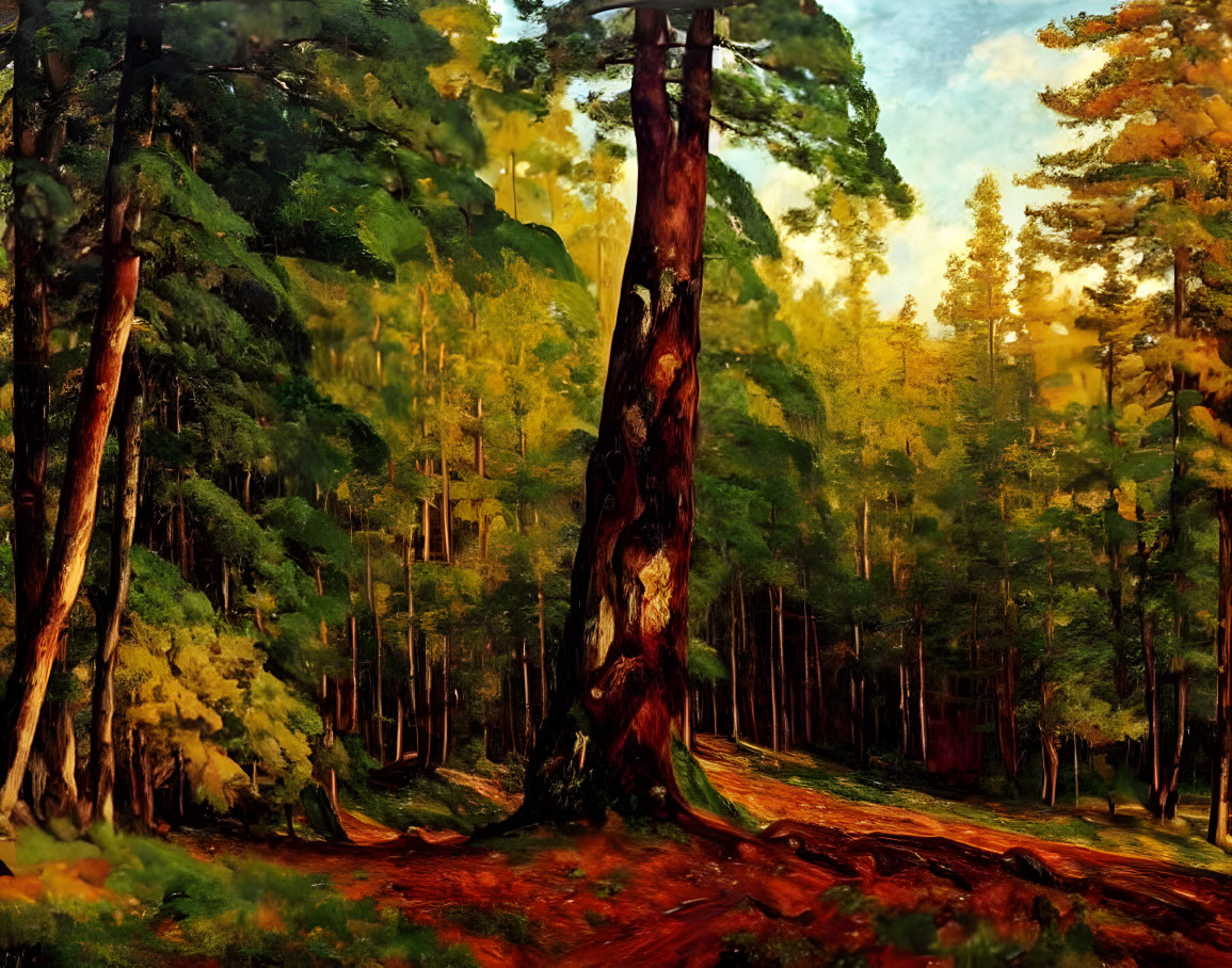 Sunlit forest painting with towering trees and fallen leaves