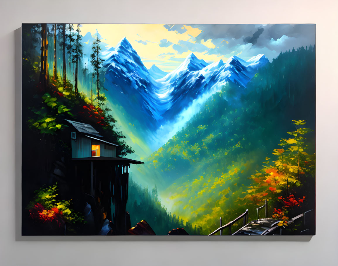 Mountain landscape painting with cabin and autumn trees - serene and rugged scene