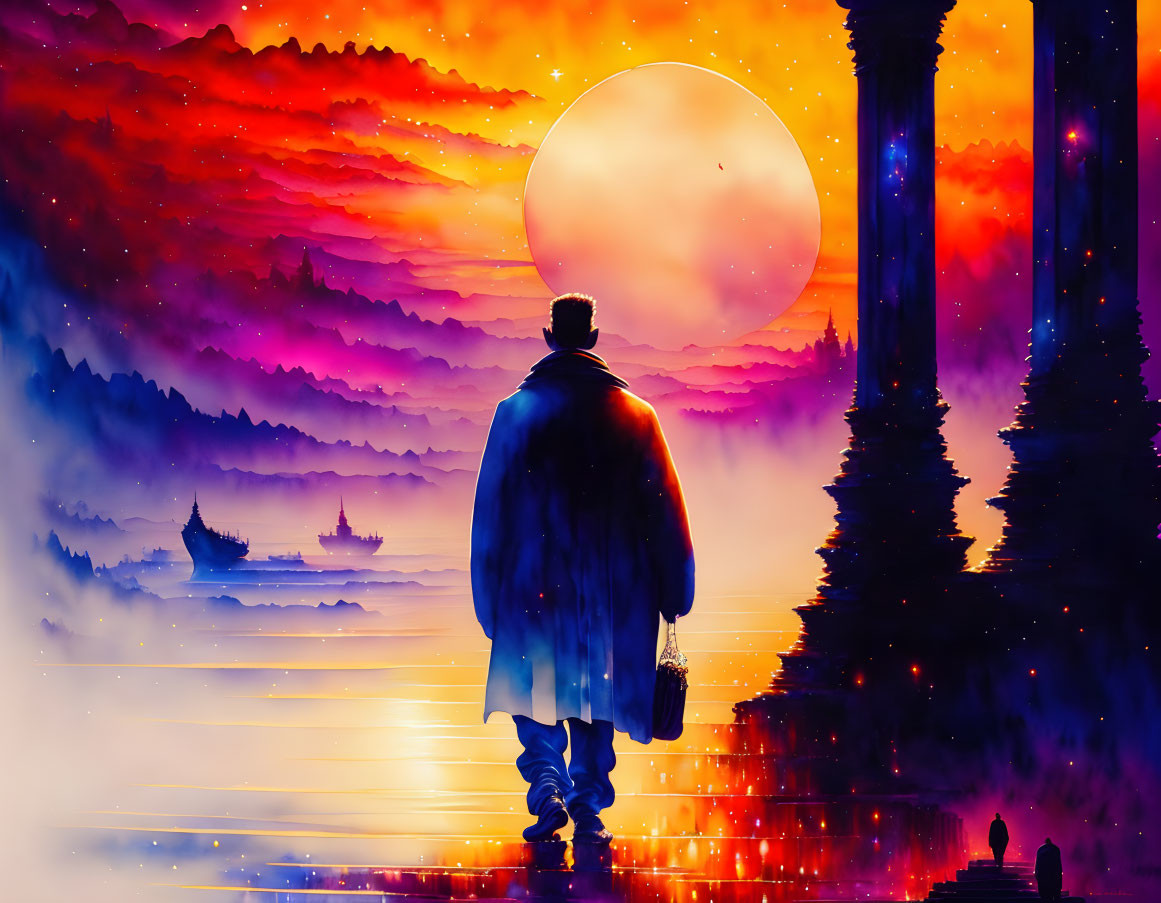 Solitary figure in front of vivid moonlit landscape