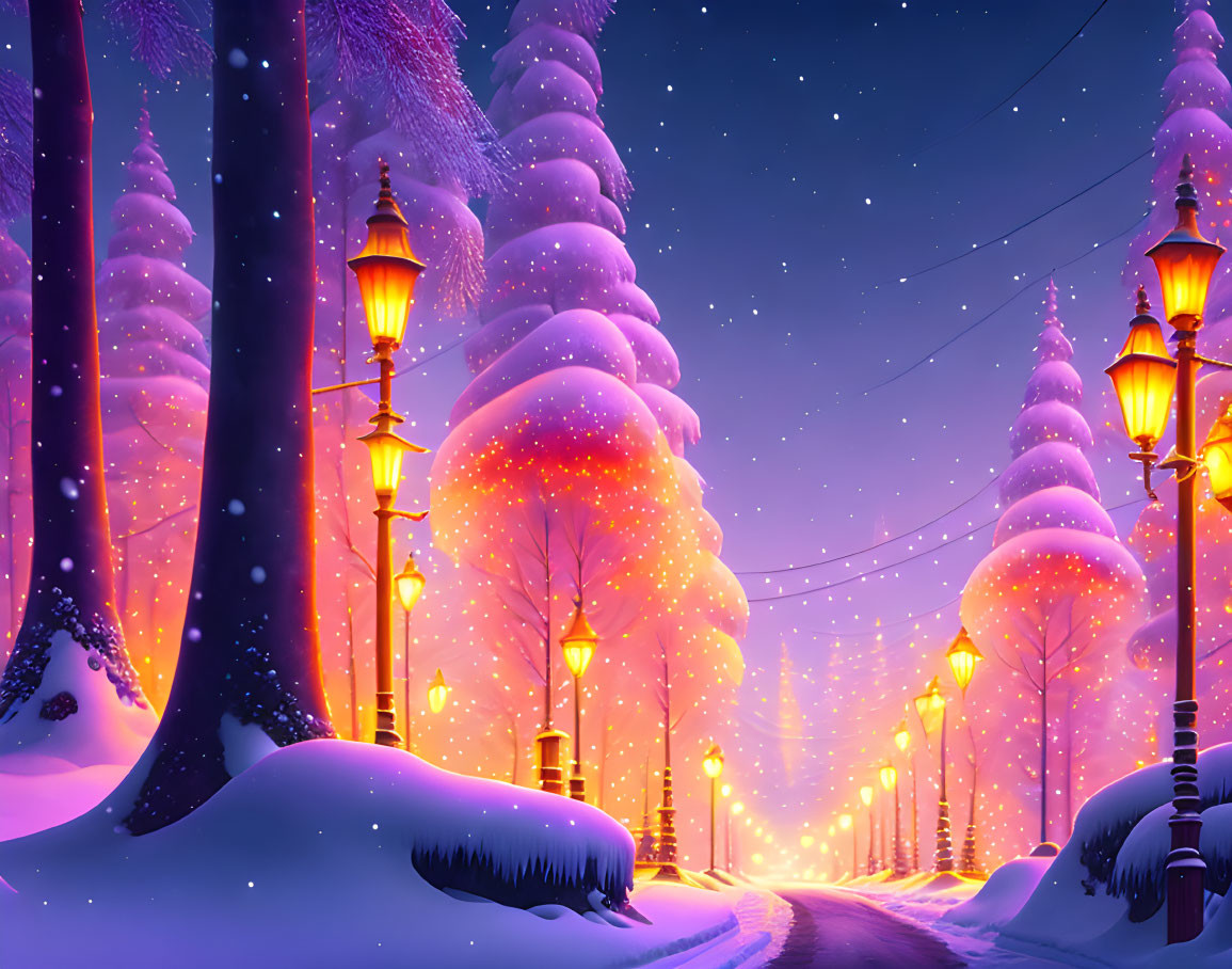 Snowy Winter Night Scene: Glowing Street Lamps, Snow-Covered Trees