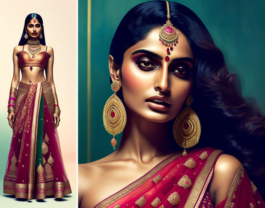 Traditional Indian Bridal Attire with Elaborate Jewelry and Henna Design