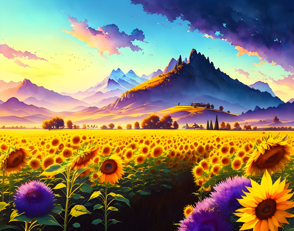 Scenic landscape with sunflower field, hills, and mountains at sunset