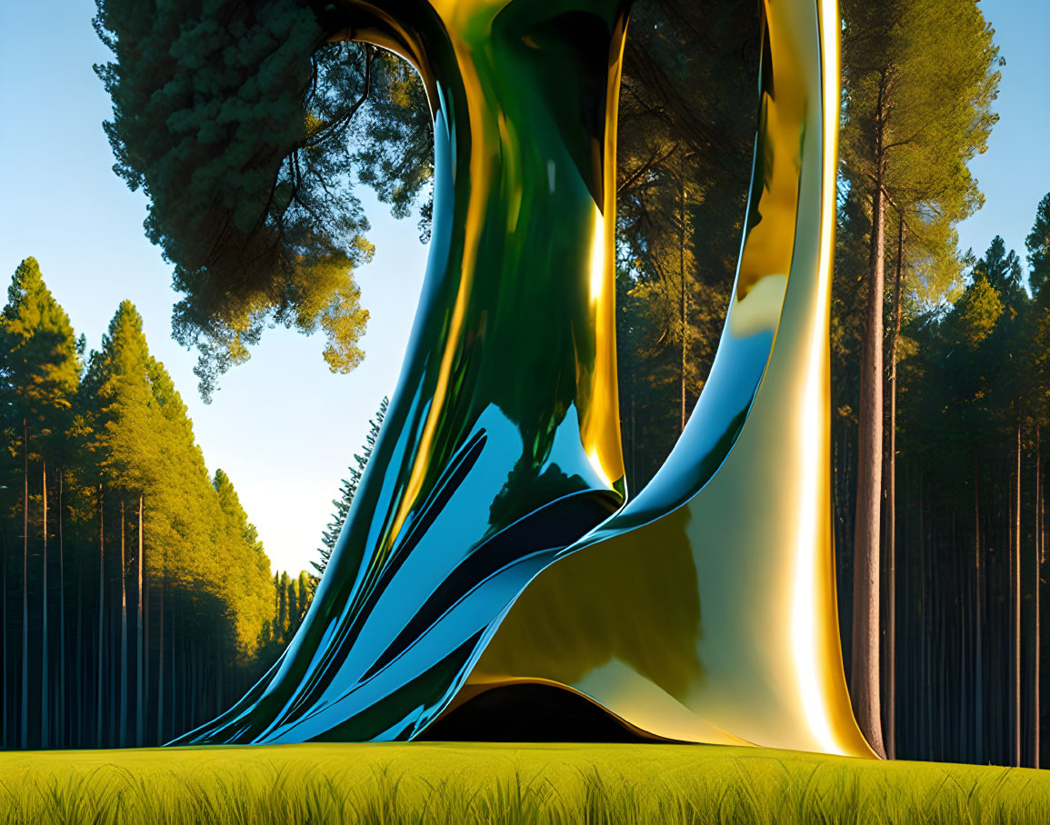 Abstract metallic sculpture in forest with tall trees & clear blue sky