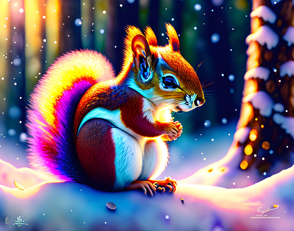 Colorful Squirrel Illustration with Nut in Snowy Forest