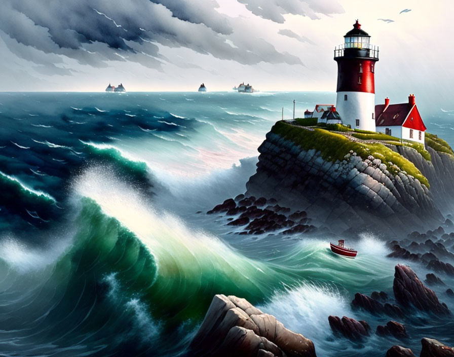 Illustration of stormy sea with waves, lighthouse, boat, and ships in moody sky