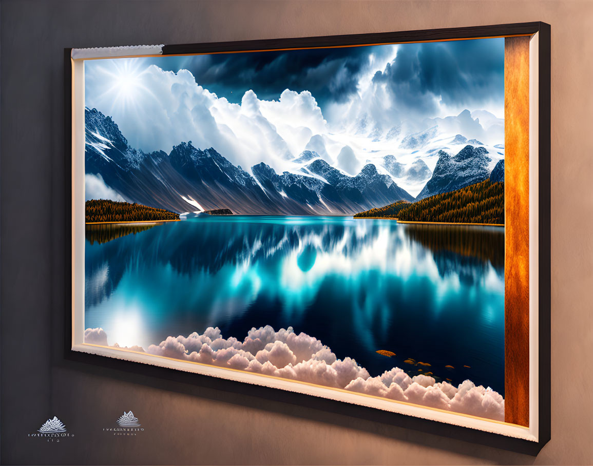 Hyper-realistic mountain lake landscape painting with sunbeams and snow-capped peaks in frame