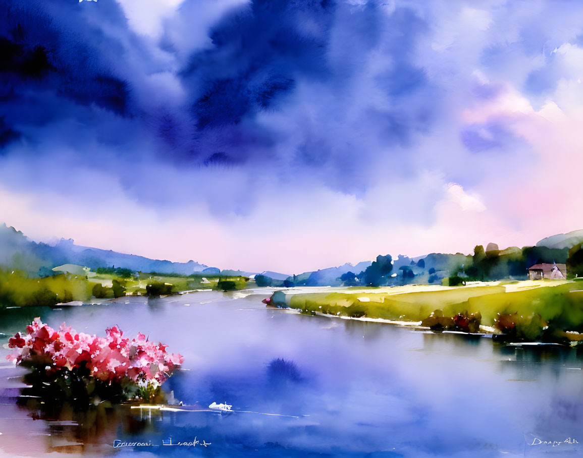 Serene riverscape watercolor painting with blue skies and red flowers