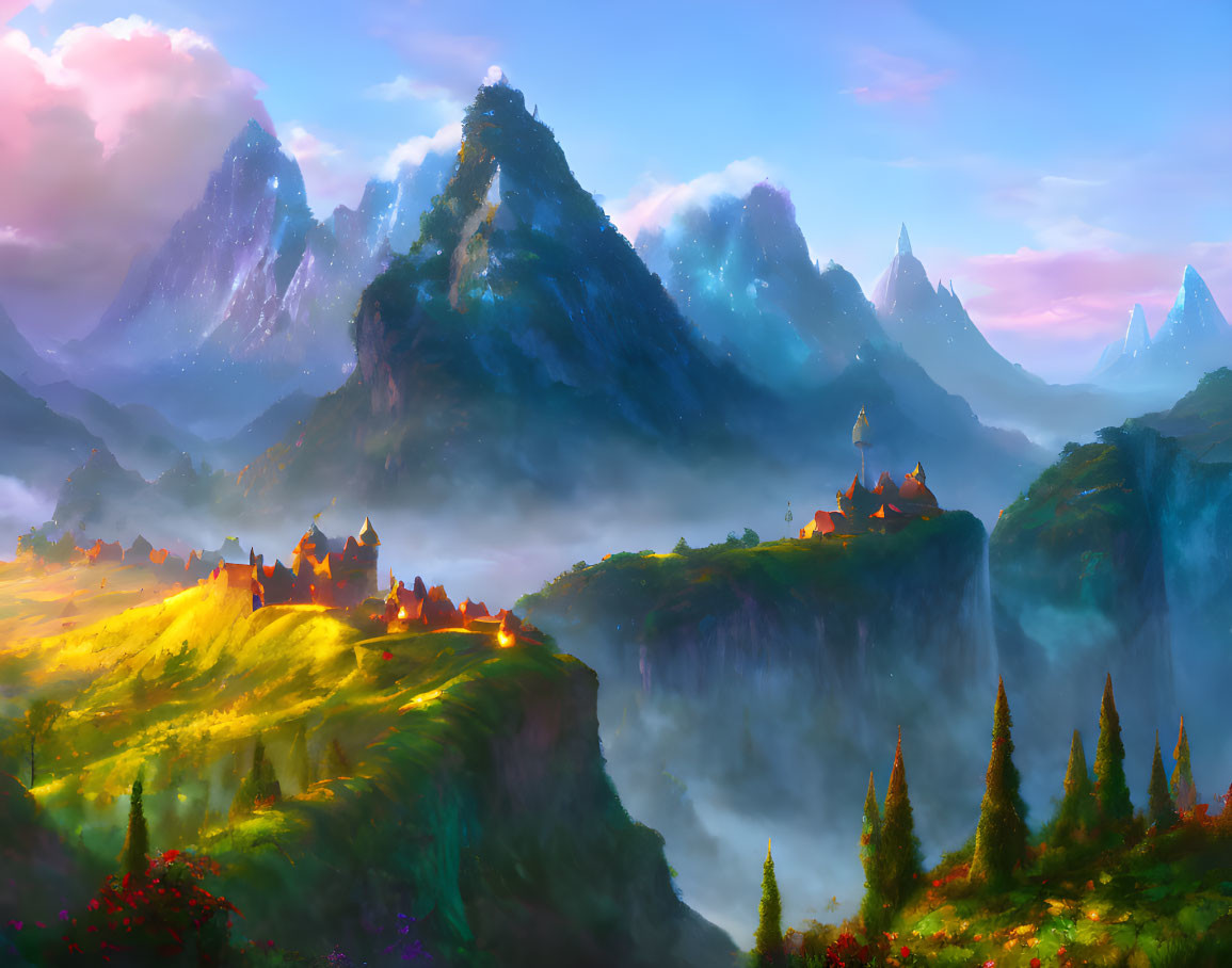 Misty mountains, glowing castle, lush greenery - fantasy landscape.