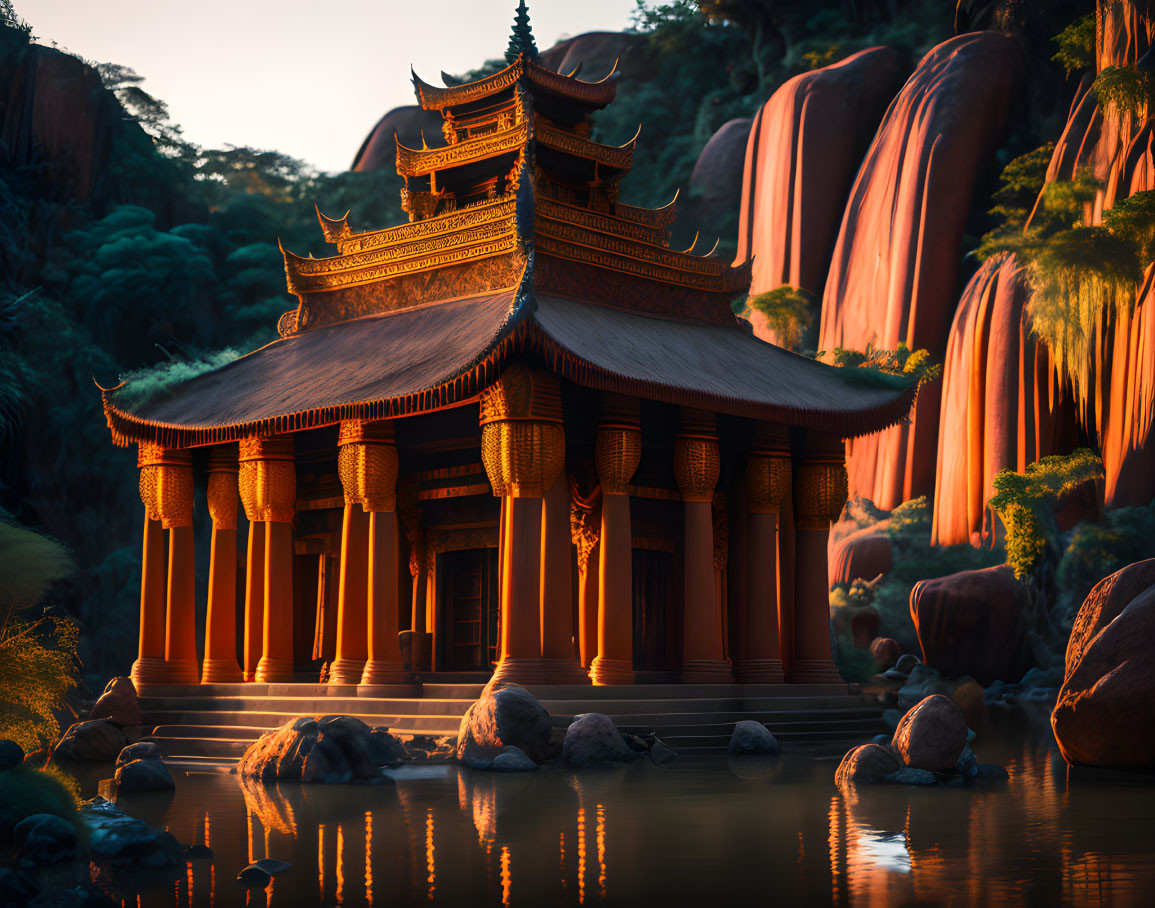 Traditional Asian Temple Surrounded by Lake, Cliffs, and Greenery at Sunset