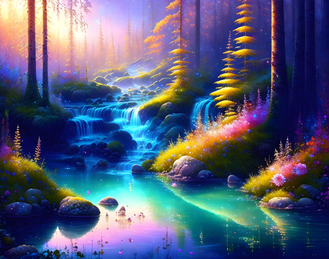 Enchanting forest with blue waterfall and glowing flora