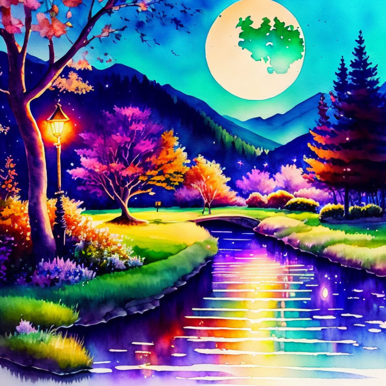 Scenic park at night with full moon, colorful trees, reflecting river