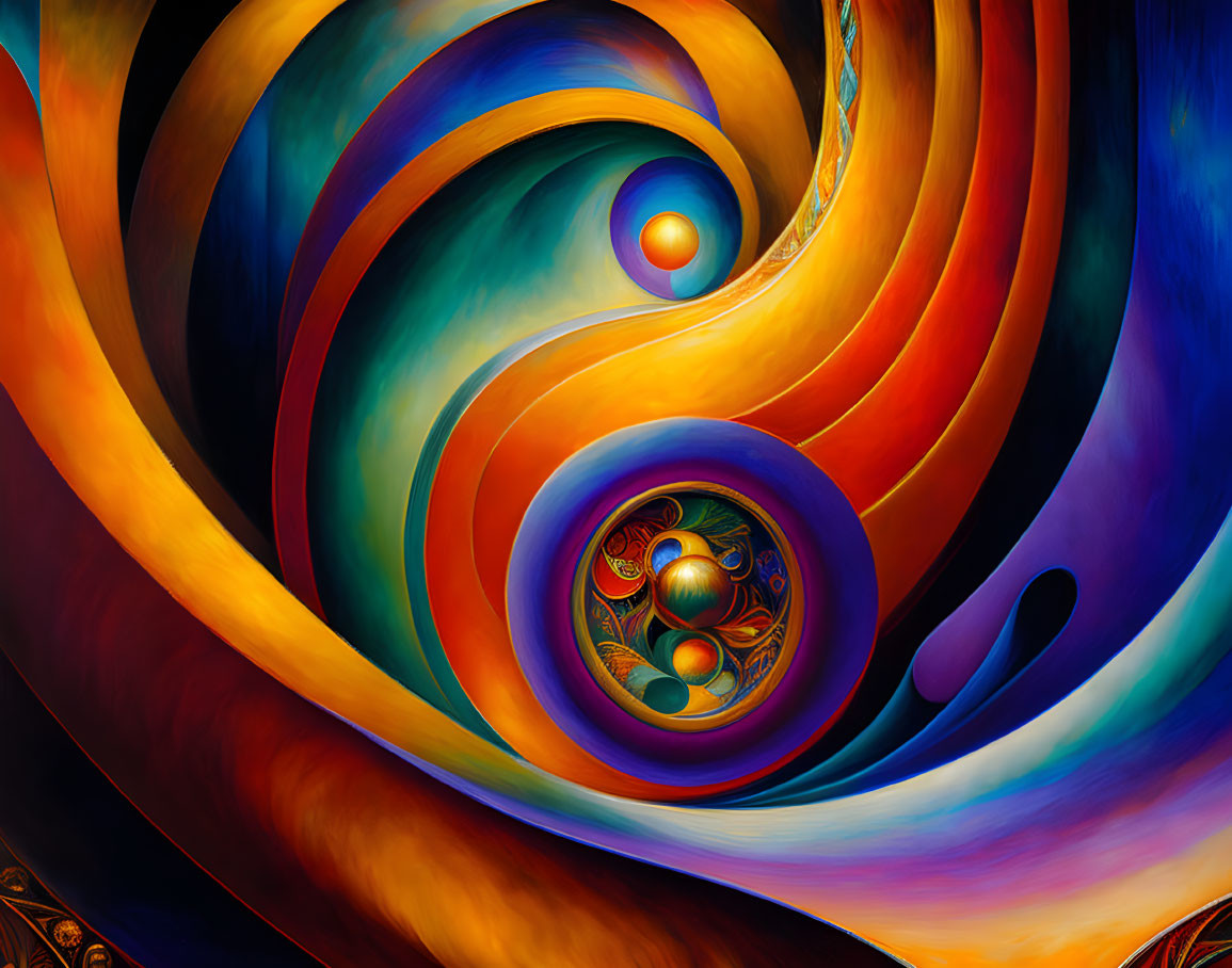 Colorful Abstract Painting with Swirling Circular Motifs