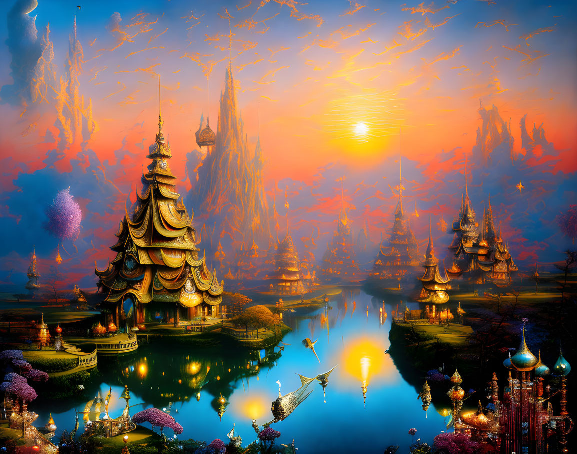 Fantasy landscape with ornate buildings, river, sunset, and floating islands