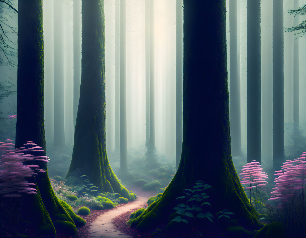 Mystical forest path with towering trees and purple flowers