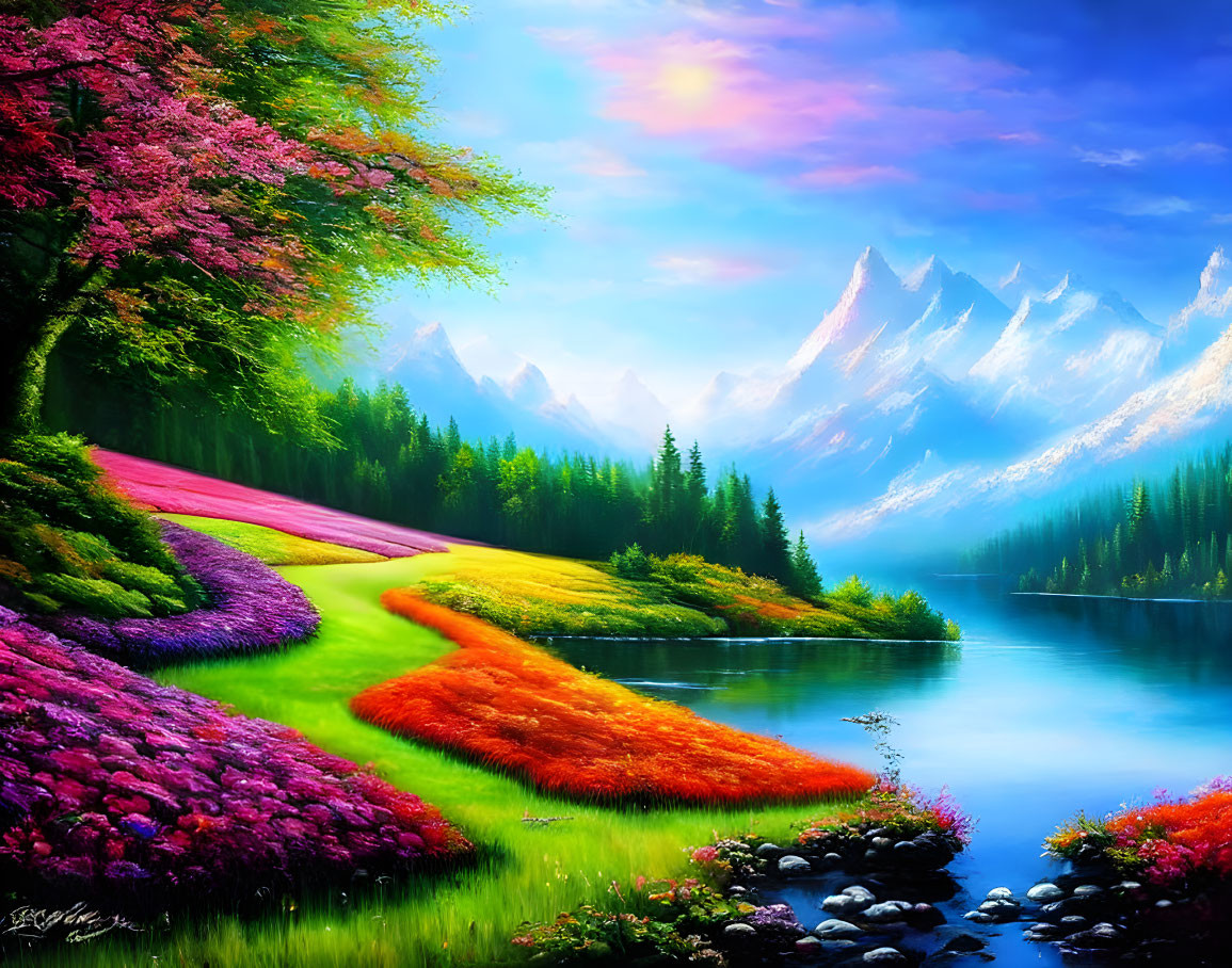 Colorful Landscape Painting with Lake, Trees, Path, and Mountains