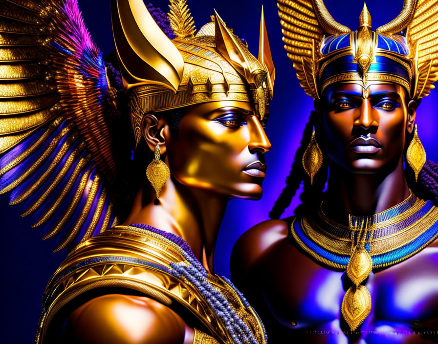 Egyptian-themed figures with intricate headdresses and jewelry on a deep blue backdrop.