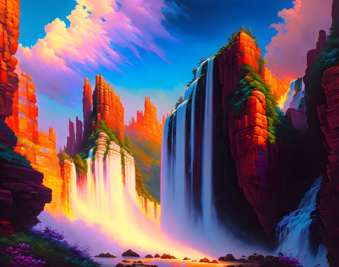 Fantastical waterfall digital artwork with red cliffs & colorful sky