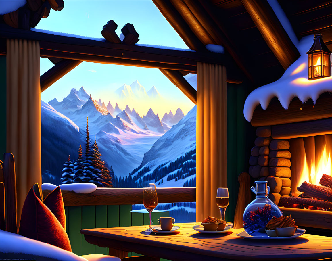 Snowy mountain view from cozy cabin interior with fireplace, wine glass, dinner setup