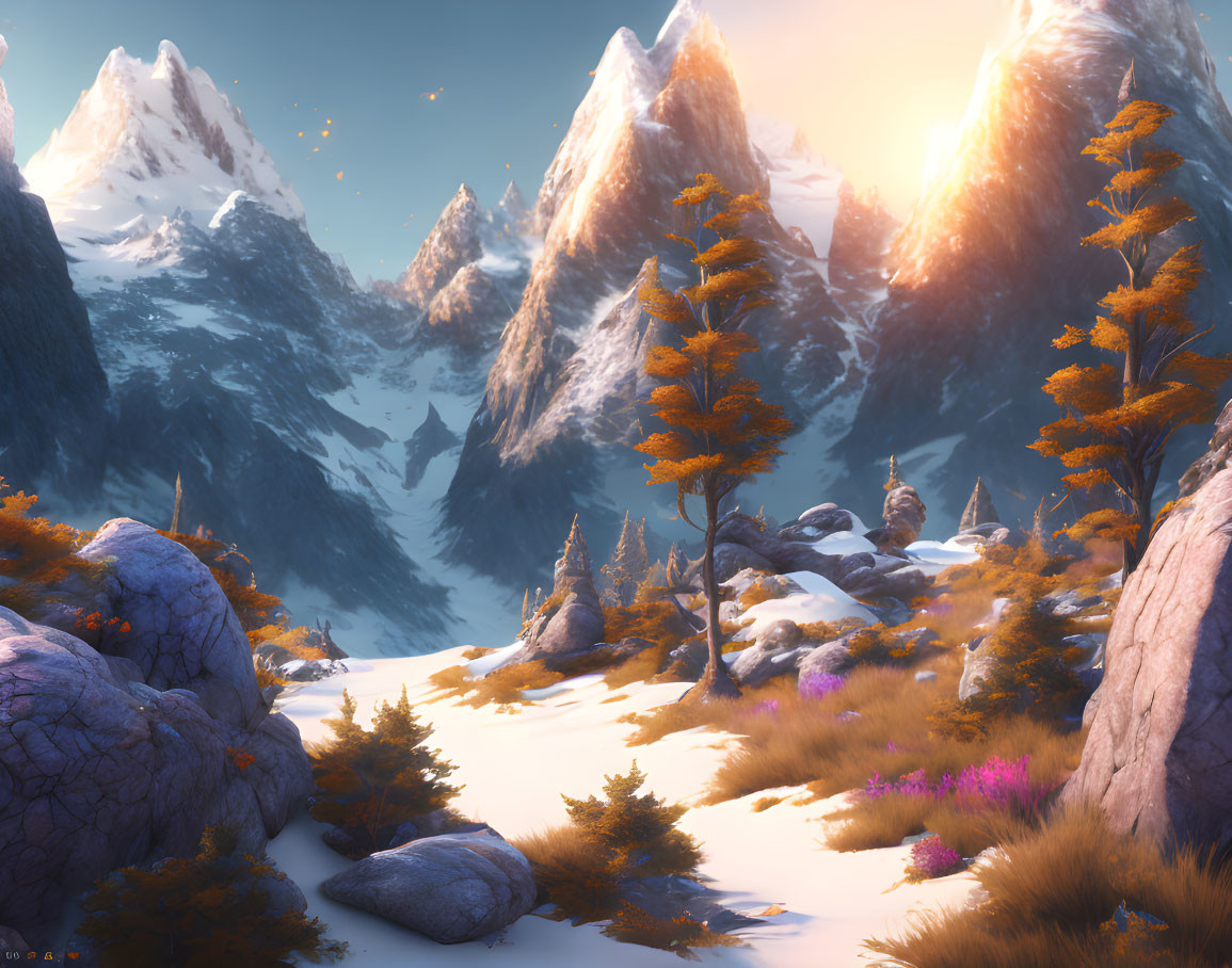 Snowy Peaks and Sunset Sky in Tranquil Mountain Scene