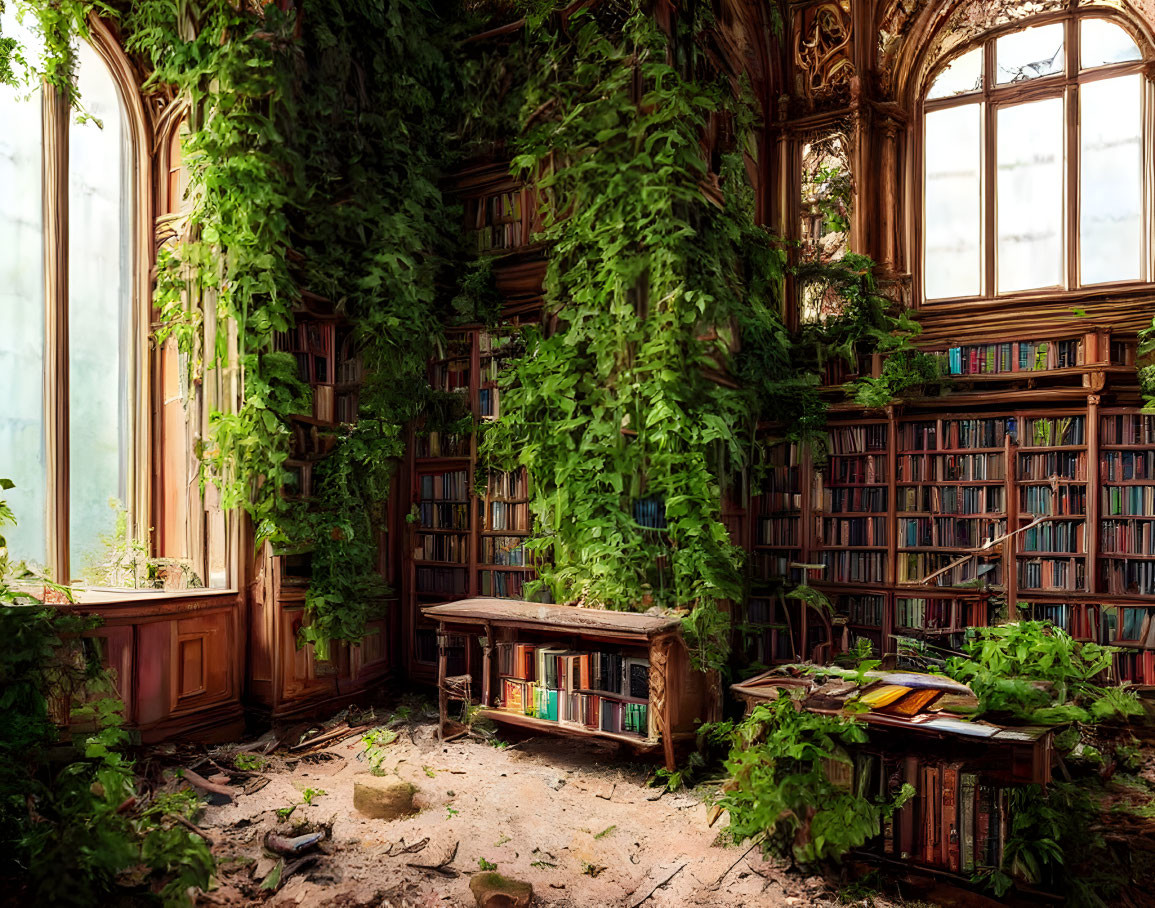 Overgrown library with ivy, wooden bookshelves, large windows, central table, and scattered