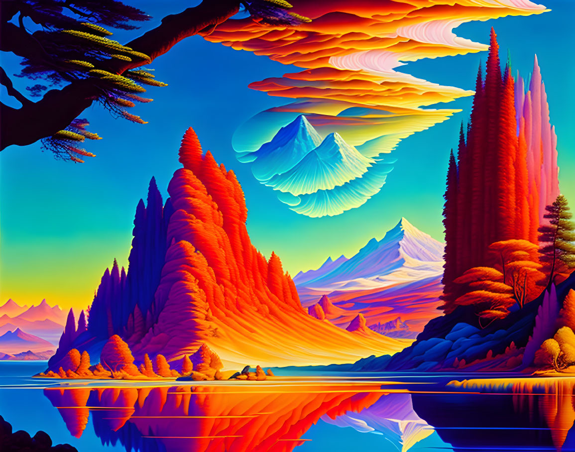 Surreal landscape with red trees, floating mountains, and reflective water