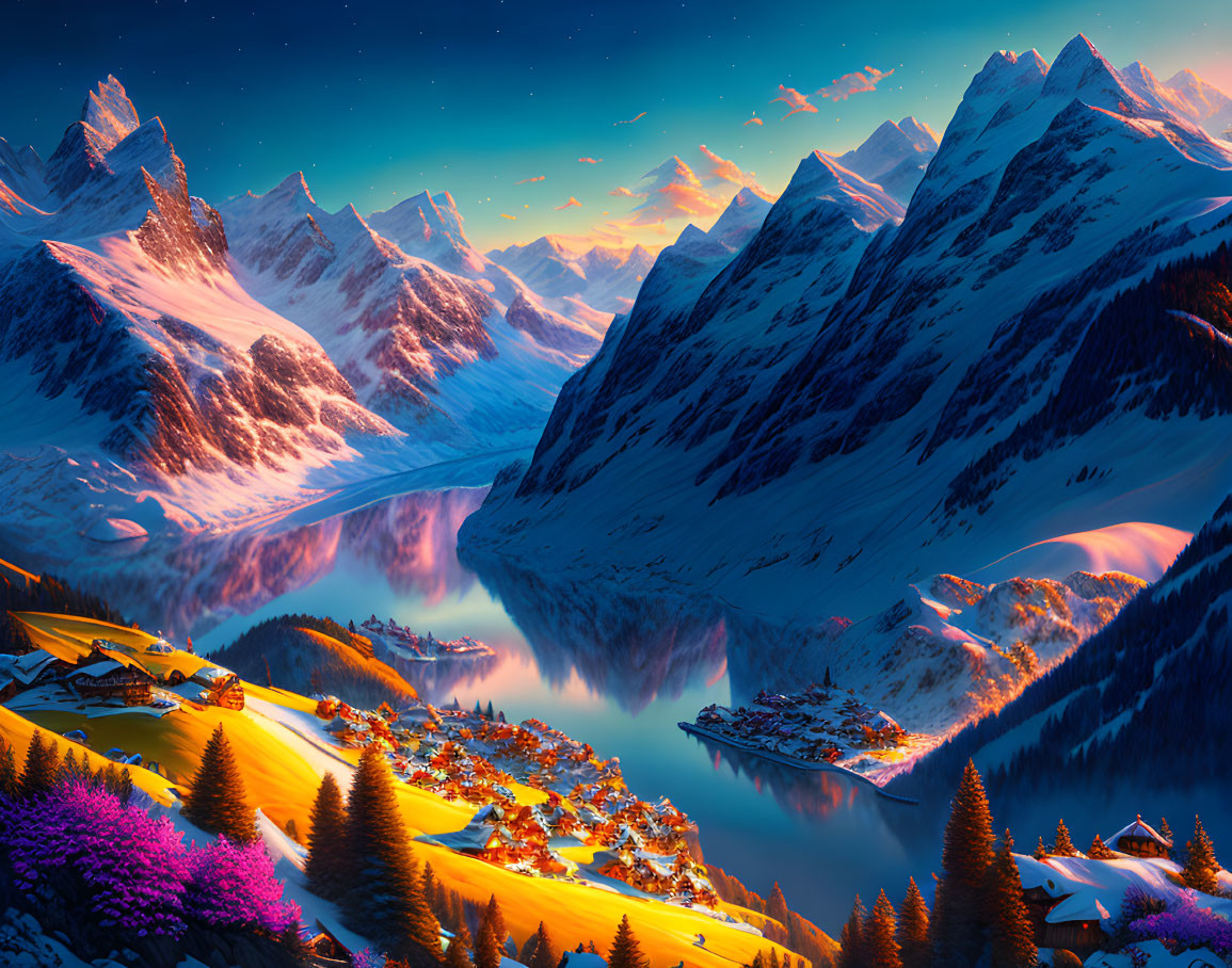 Picturesque mountain village under vibrant starlit sky