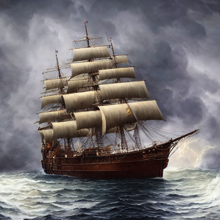 Tall ship with full sails navigating stormy seas