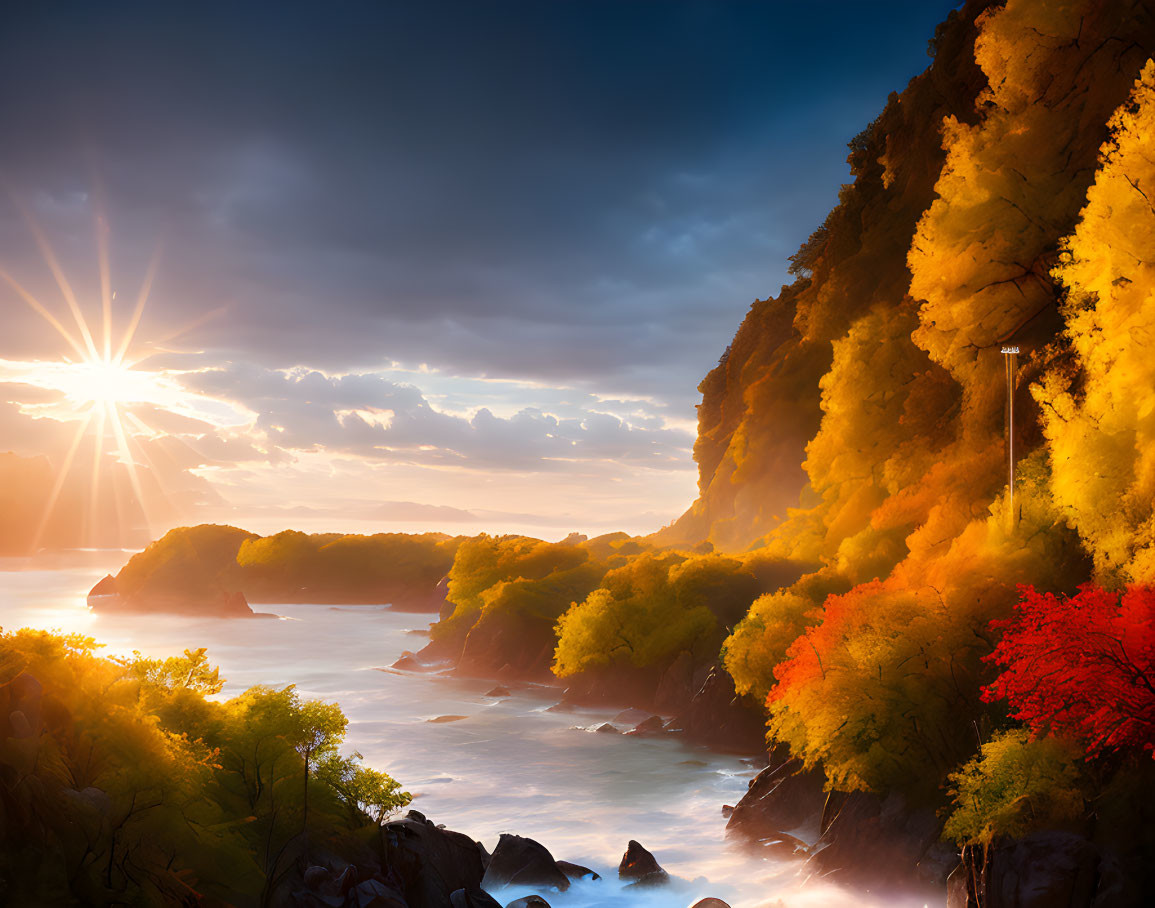 Vivid Coastal Sunset with Autumn Foliage and Rocky Cliffs