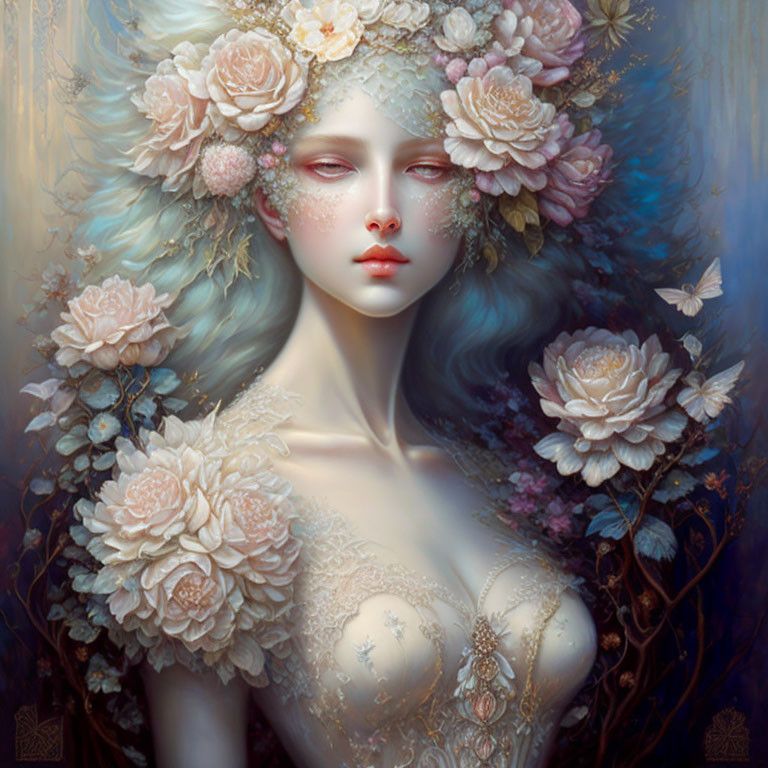 Ethereal portrait of figure with pale skin and blue hair adorned with intricate flowers