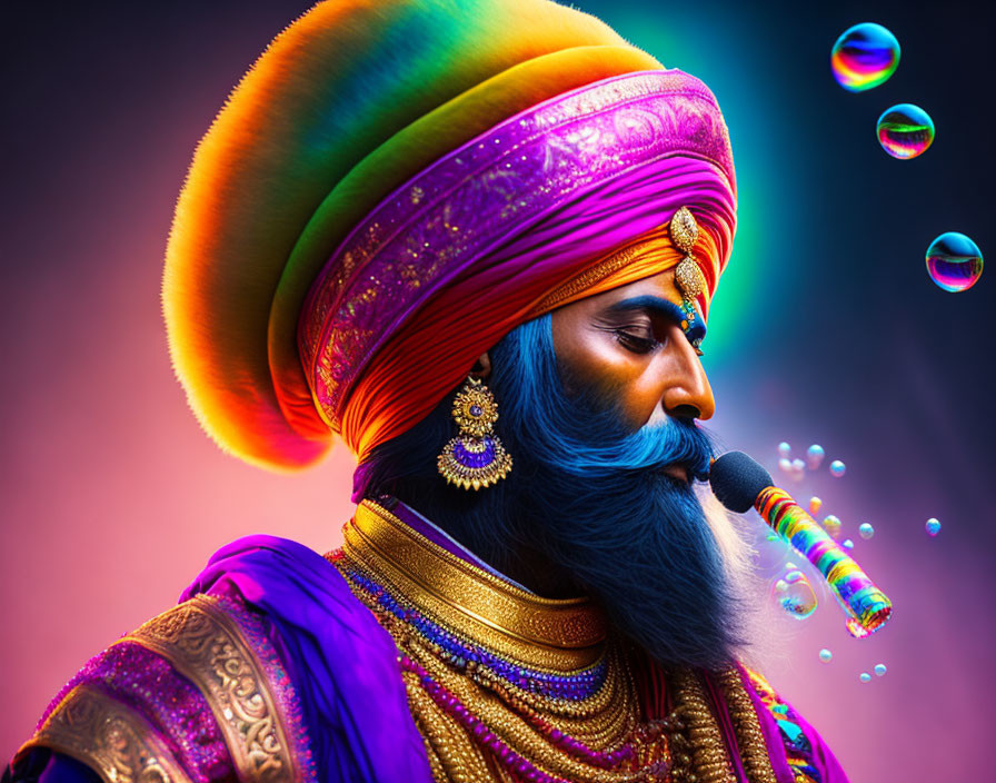 Vibrant portrait of a man in turban blowing bubbles on gradient background