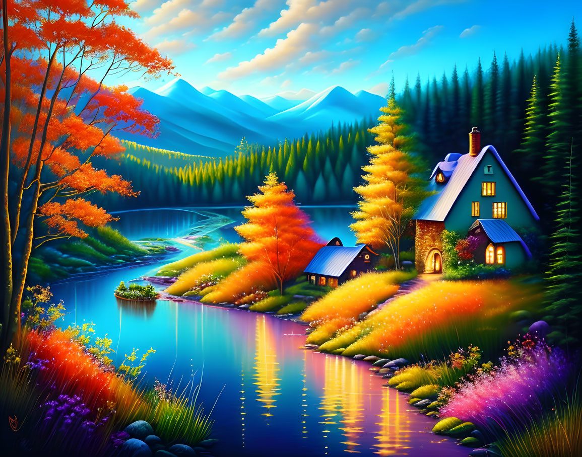 Colorful Autumn Landscape with Cozy House by Lake