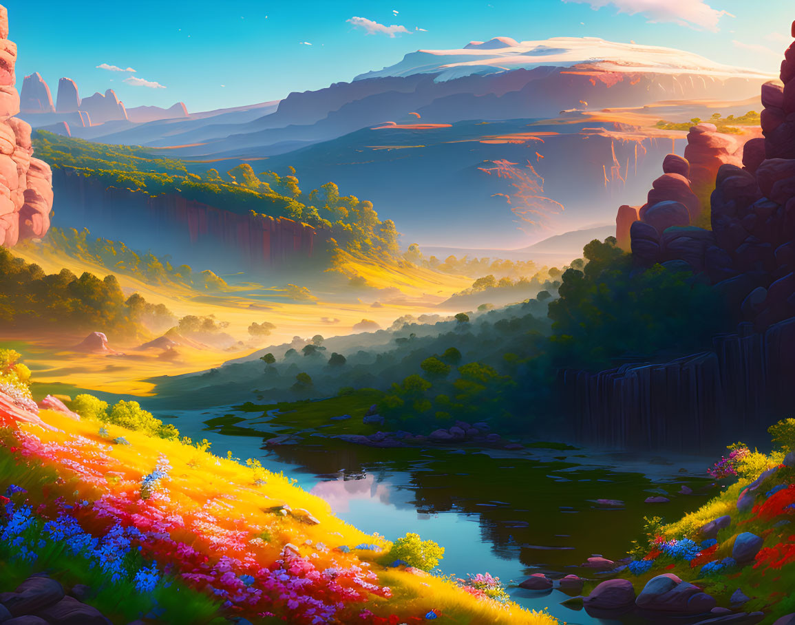 Colorful flora, towering cliffs, and river in vibrant landscape