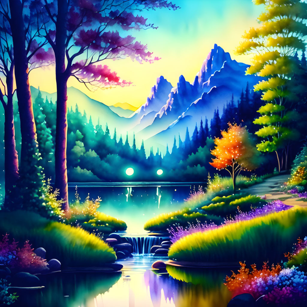 Scenic landscape with waterfall, trees, lake, fireflies, and mountain at dusk