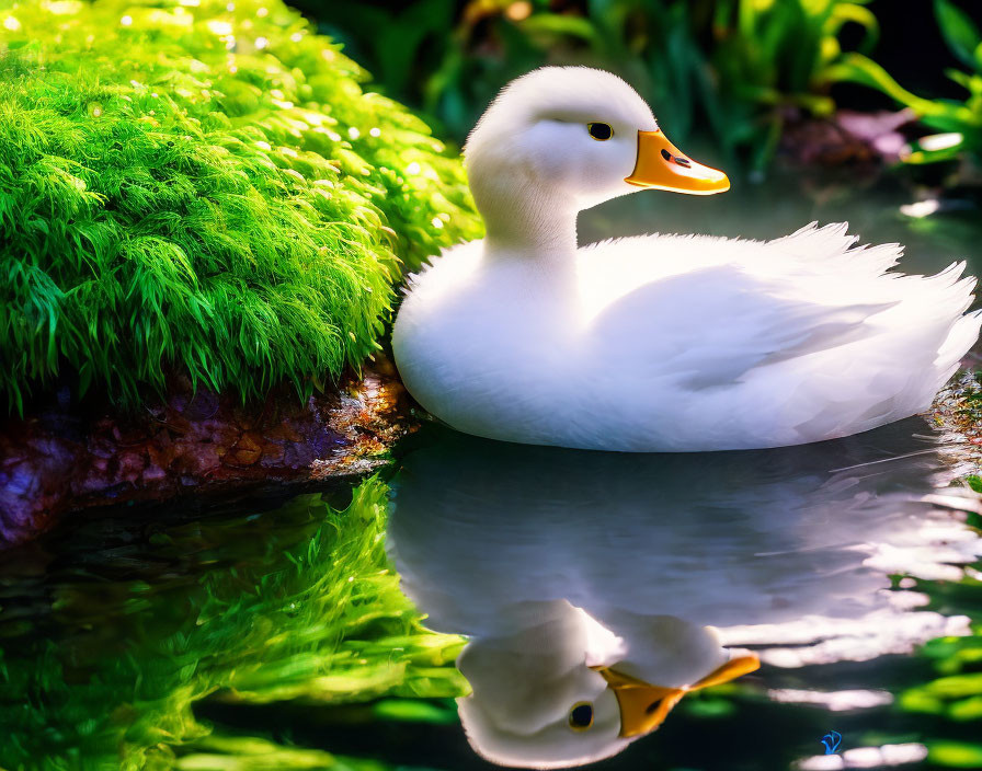 White Duck with Yellow Beak Floating on Tranquil Water