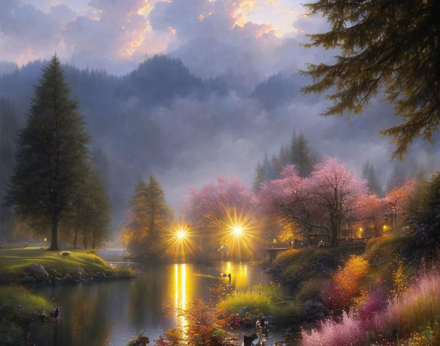 Tranquil Dusk Landscape with Glowing Lamps and River Reflections