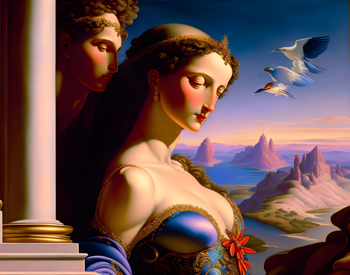 Surreal painting: Woman with tiara near statue in sunset landscape