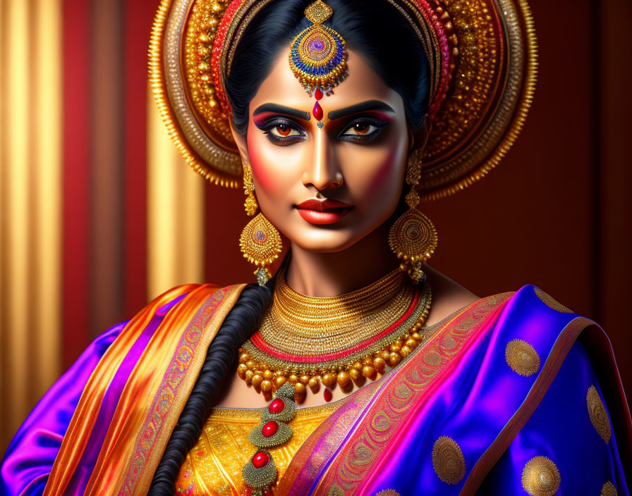 Traditional Indian Attire and Jewelry on Woman with Elaborate Headpiece