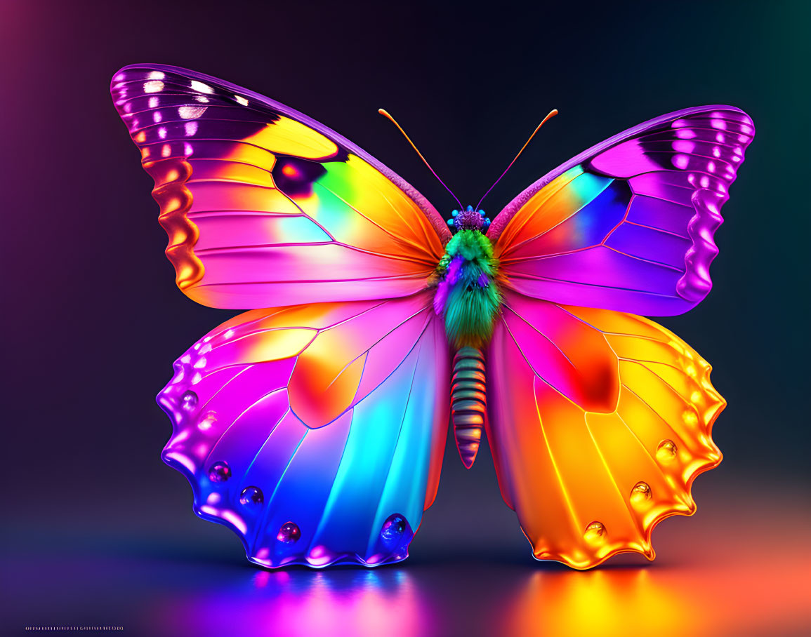 Colorful digital artwork: Butterfly with iridescent wings on gradient backdrop