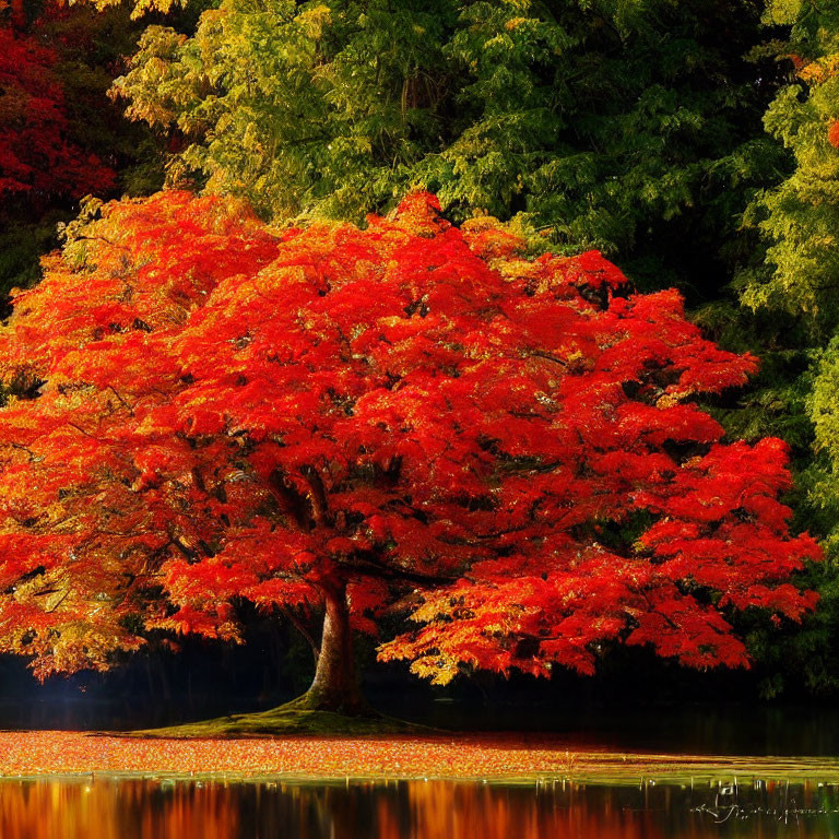 Autumn scene: Red maple tree by tranquil lake with fiery leaves reflected.