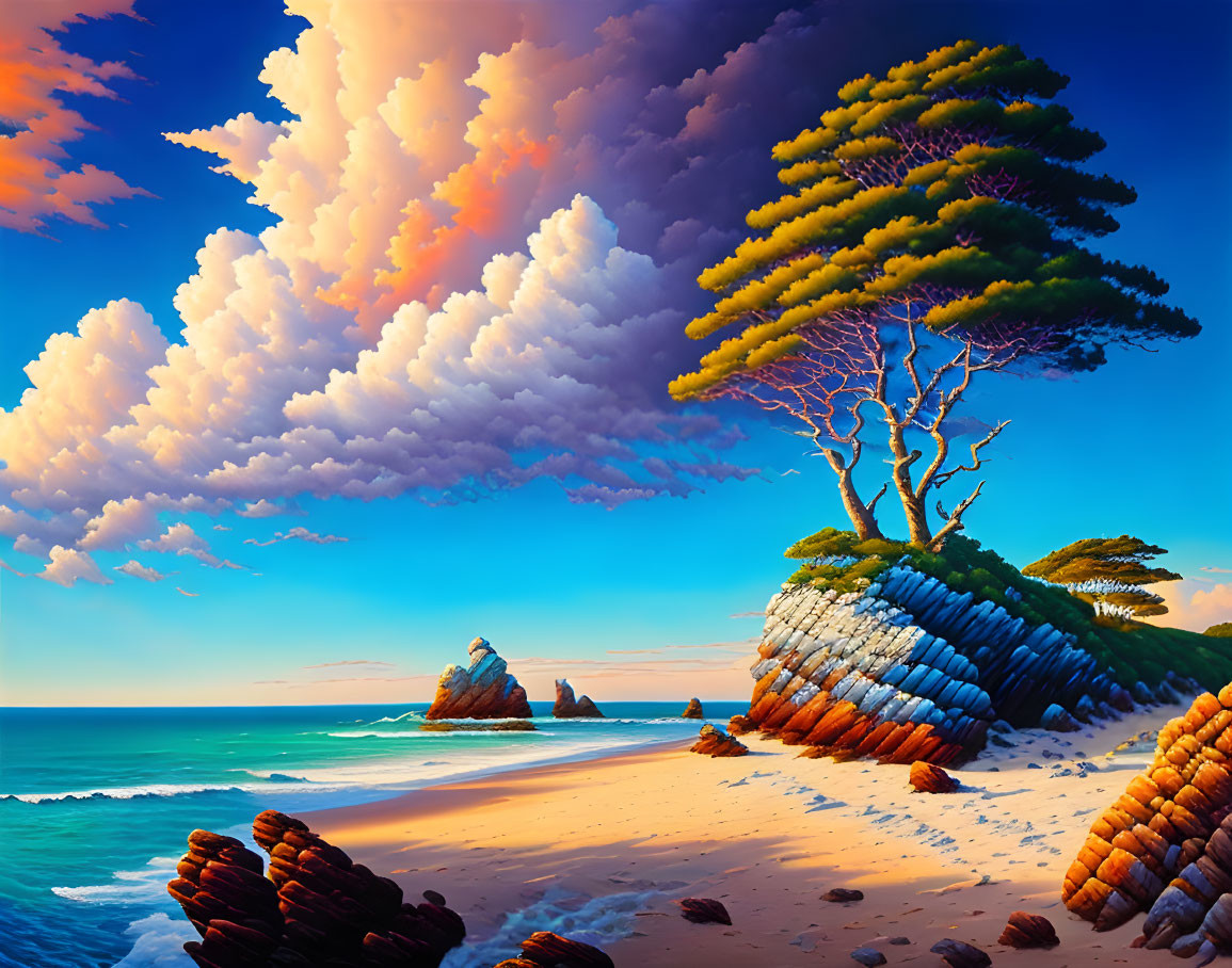 Colorful Sky and Unique Tree on Rocky Beachscape