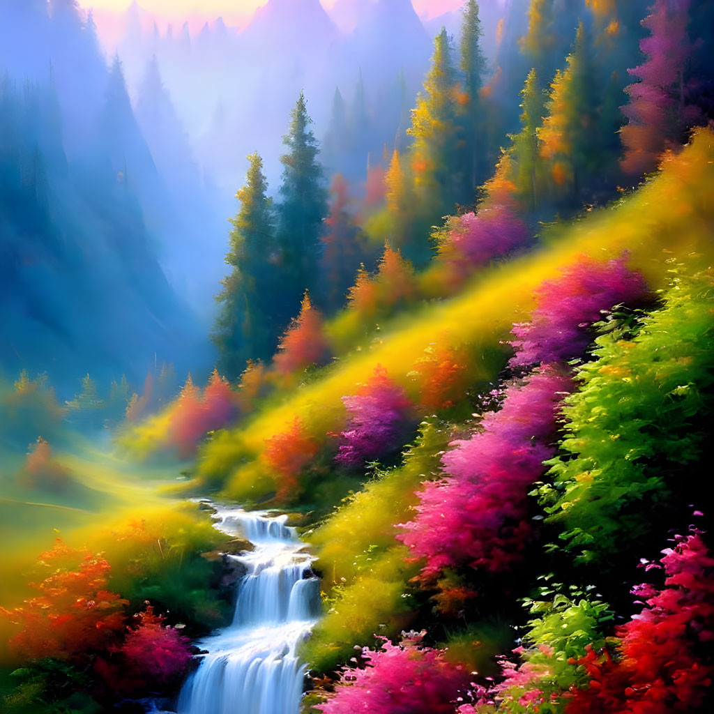 Colorful autumn landscape with waterfall and sunrays creating magical atmosphere