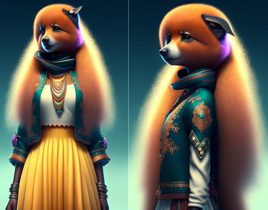 Stylized portrait of anthropomorphic fox in teal and gold outfit