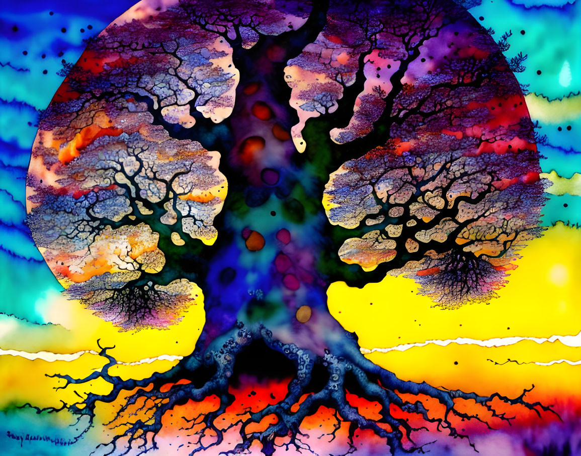 Colorful Psychedelic Tree Branches Resemble Lungs on Gradient Background