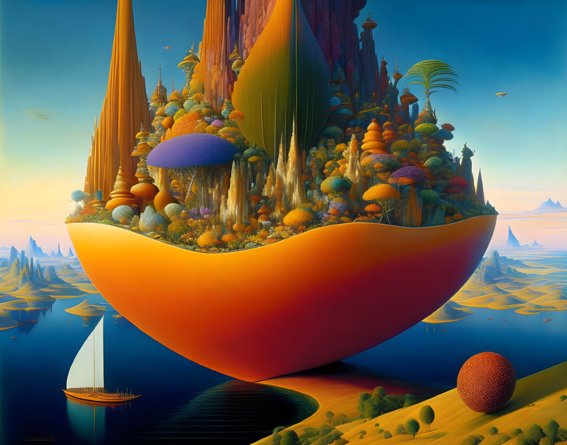 Colorful surreal landscape with orange bowl and fantastical plants above calm sea