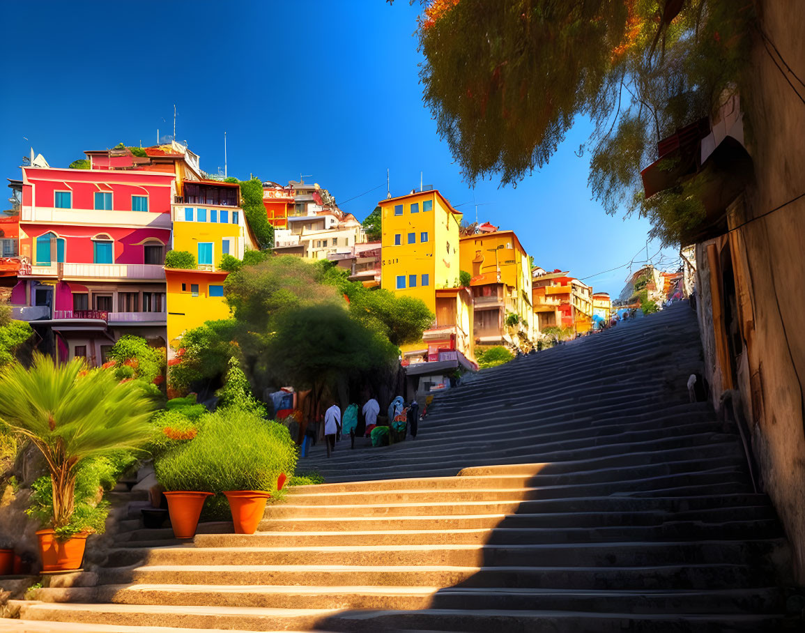 Colorful houses and people on vibrant street under clear blue sky