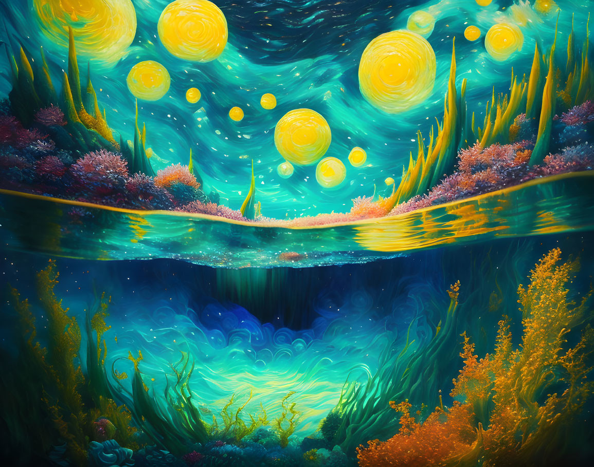 Colorful underwater and above-water landscape with swirling orbs and lush plants