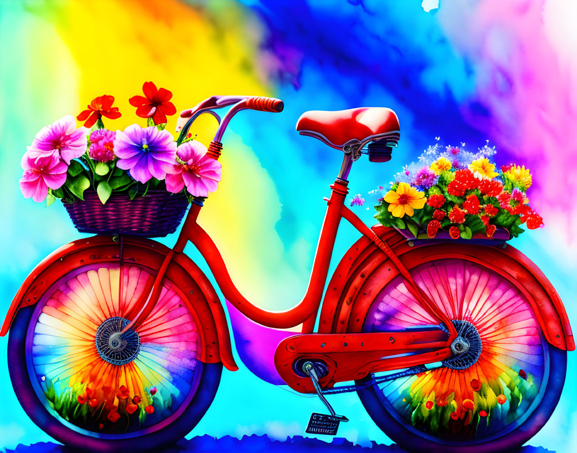 Colorful Illustration: Red Bicycle with Flower Baskets on Psychedelic Background