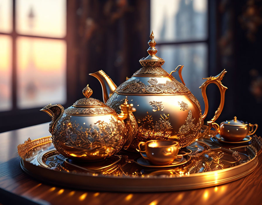 Silver Teapot Set with Sugar Bowl and Cups on Tray by Glowing Window