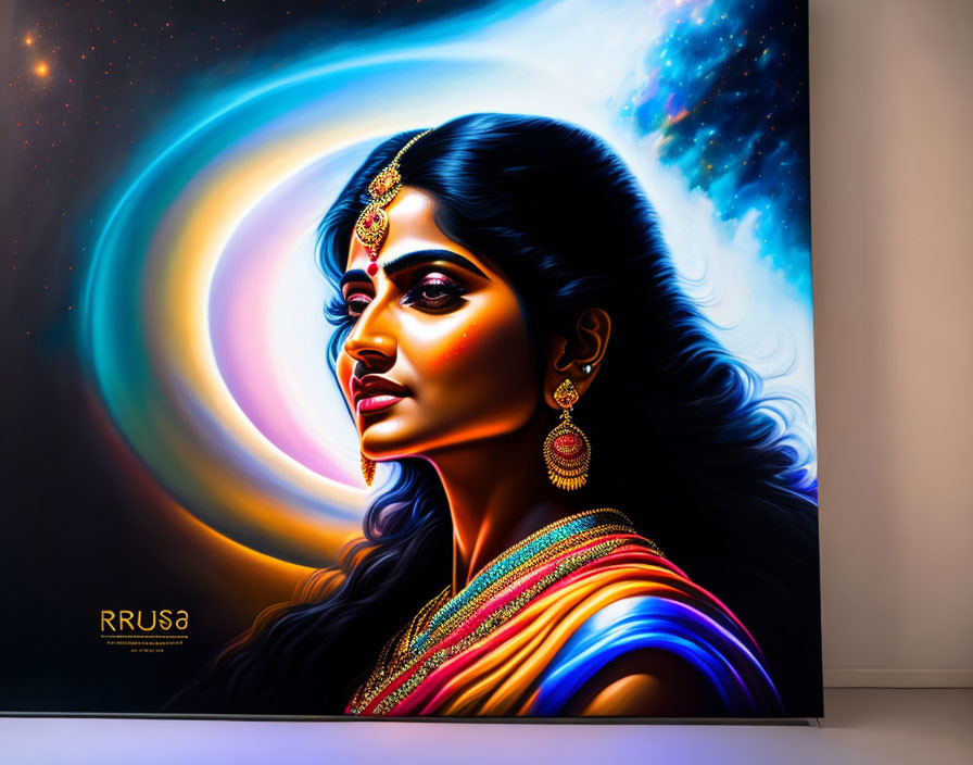 Colorful portrait of woman in traditional Indian attire against cosmic background